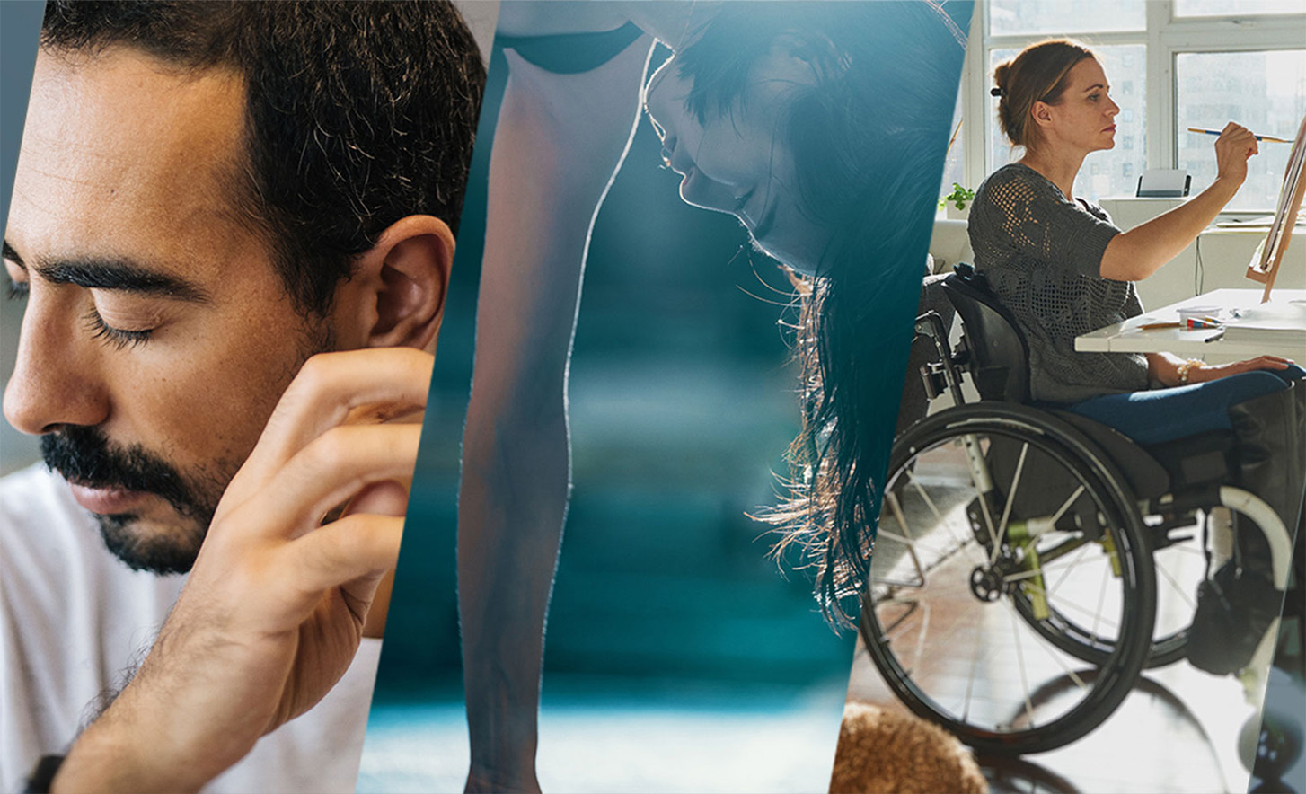 Três imagens unidas: uma pessoa de olhos fechados, uma pessoa fazendo parada de mão e uma pessoa em uma cadeira de rodas pintando uma tela.