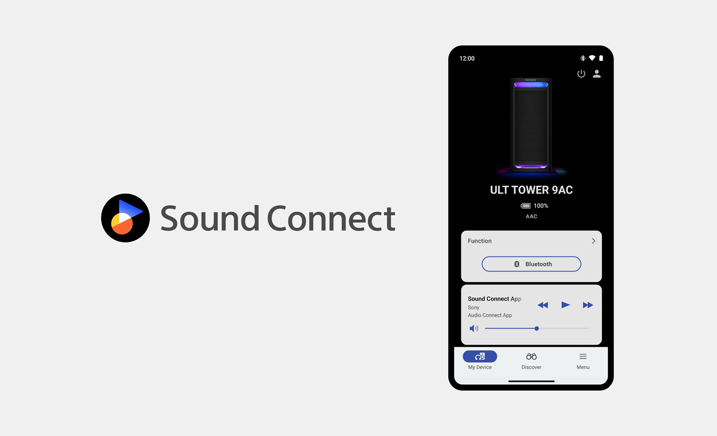 Logotipo Sound Connect ao lado da imagem de um celular, com o aplicativo Sony Connect aberto e em uso na tela