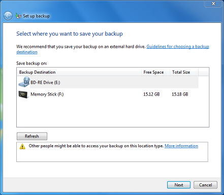 Selecionar um local para salvar os arquivos de backup